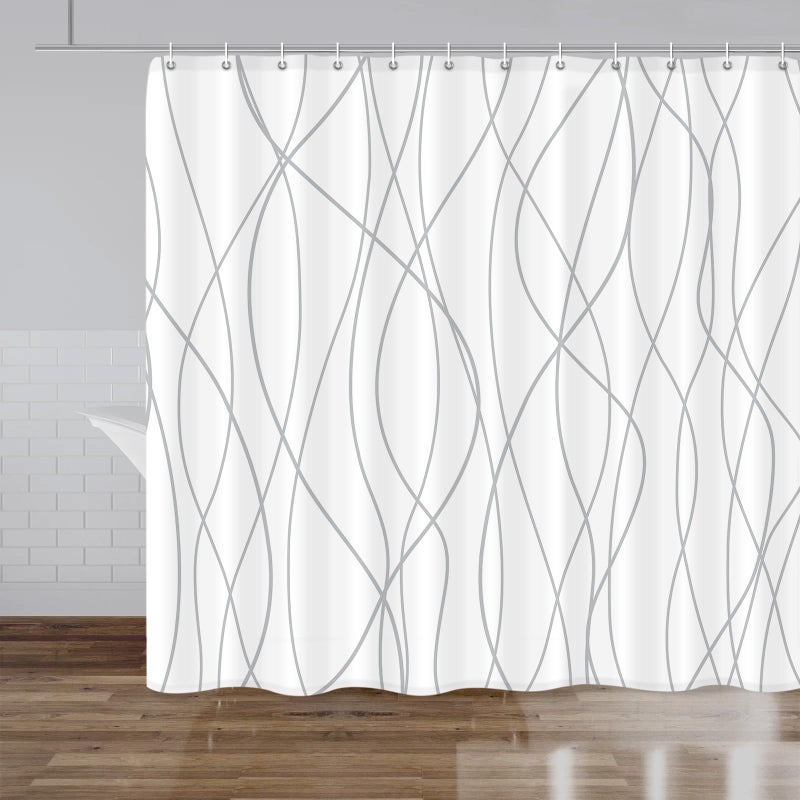 Punkray Grey and White Striped Fabric Shower Curtain for Bathroom with 14 Hooks, Shower Curtains for Bathroom Decor, Waterproof Bath Accessories Hotel Style - Machine Washable 96 X 72 - Image 1
